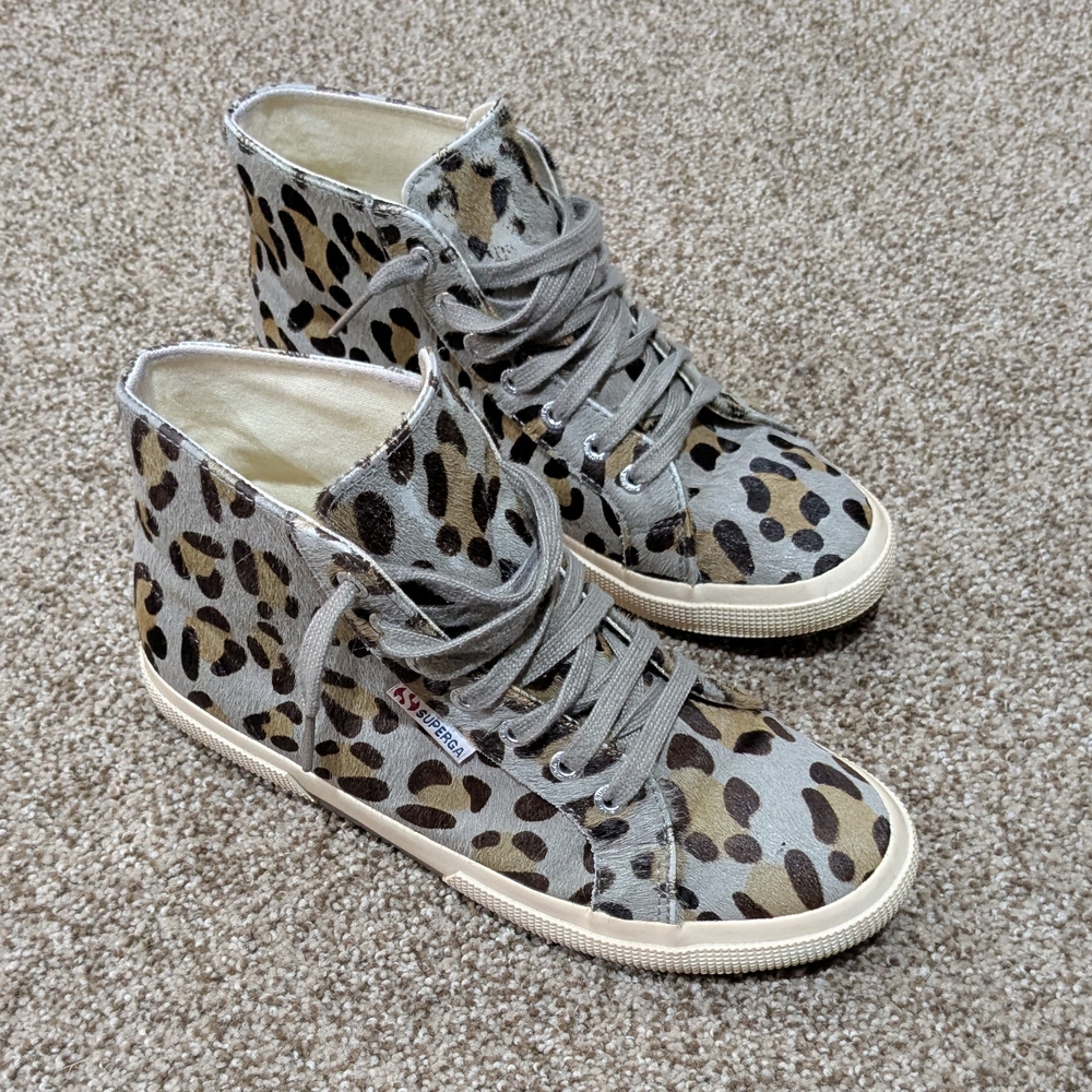 Superga Women's Size 8.5 Horse Leather Canvas Leopard Print High-Top Sneakers